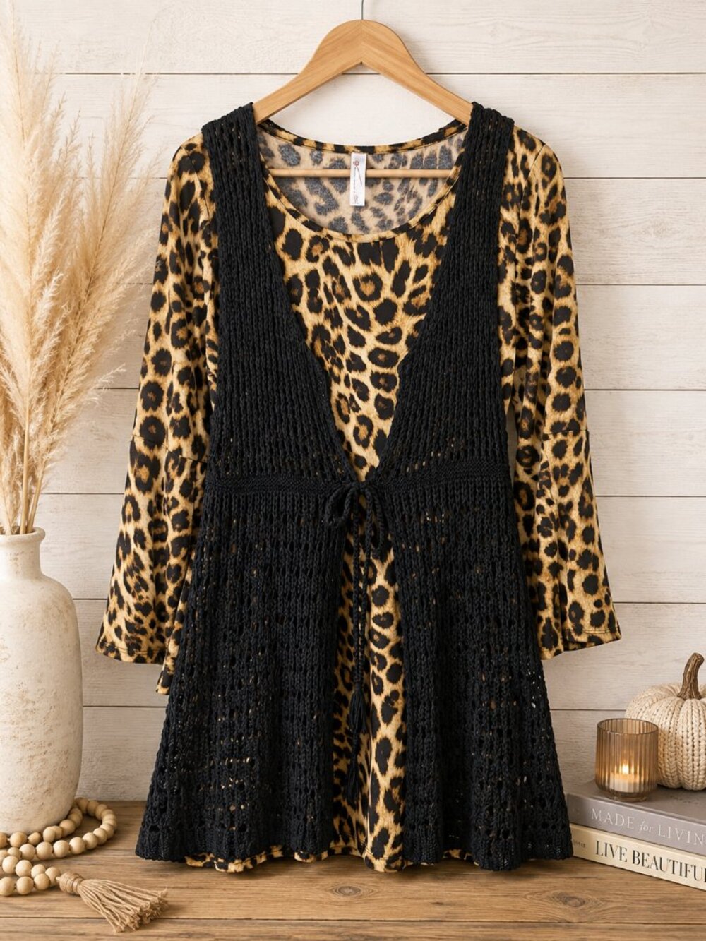 #m2d Leopard Dress + Umgee Black Crochet Vest Set Boho